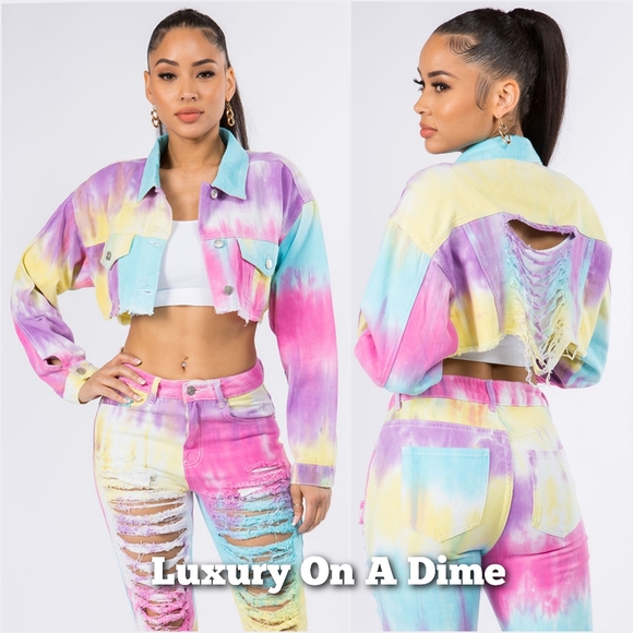 American Bazi Cropped Distressed Destroyed Denim Colorful Tie-Dye Jean Jacket - Picture 1 of 14